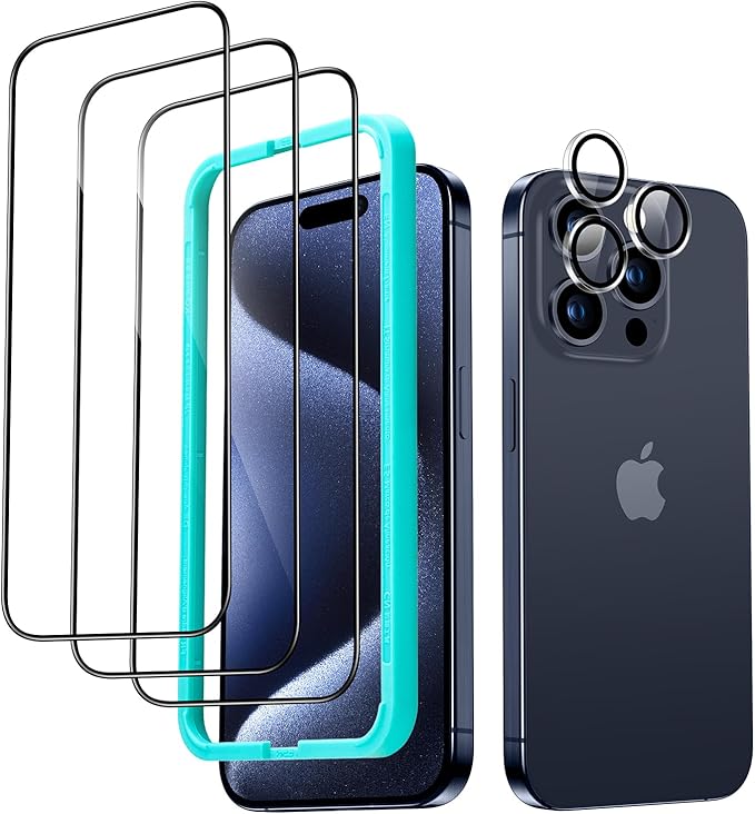ESR 3+1 Pack for iPhone 15 Pro Max Screen Protector, 3 Black Edge Tempered-Glass Film and 1 Set Camera Lens Protector, 2.5D Curved Edges, Full-Coverage Military-Grade Protection, Scratch Resistant
