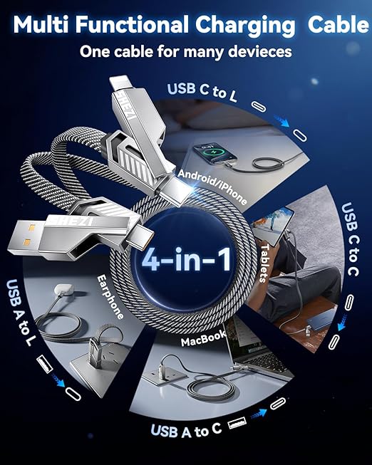 [One is Enough] 4-in-1 Compatible with USB C to Lightning Cable, 45W High-Speed Charging & Fast Data Transfer,CarPlay & Android Auto Support Multi Charger Cord Combo for iPhone/Samsung/iPad,10FT