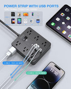 Extension Cord 25 Ft, HUNIAN Flat Plug Power Strip Surge Protector, 12 Widely Spaced Outlets with 6 USB Charger (2 USB C Ports), Desk Charging Station for Home Office Supplies, Dorm Room, Black