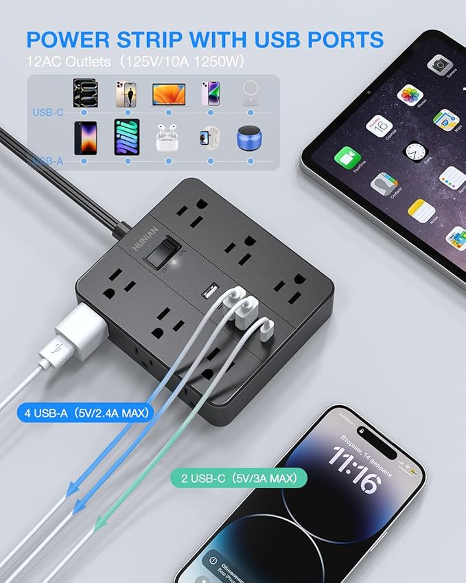 Extension Cord 25 Ft, HUNIAN Flat Plug Power Strip Surge Protector, 12 Widely Spaced Outlets with 6 USB Charger (2 USB C Ports), Desk Charging Station for Home Office Supplies, Dorm Room, Black