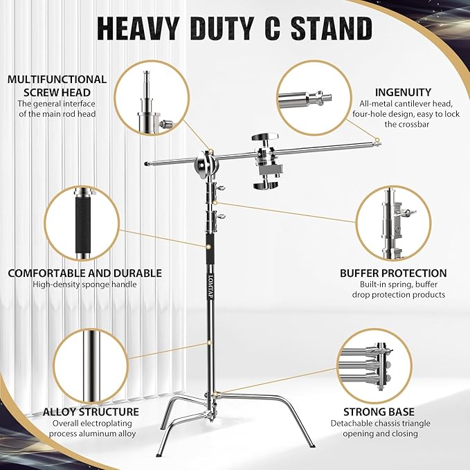LOMTAP C Stand Light Stand Stainless Metal Photography Kit - Heavy Duty 6.8ft/210cm Vertical Pole, 2.8ft/87cm Boom Arm, Adjustable Base, Water Sandbag, 2 Grip Heads, 3 Clips for Softbox, Reflector