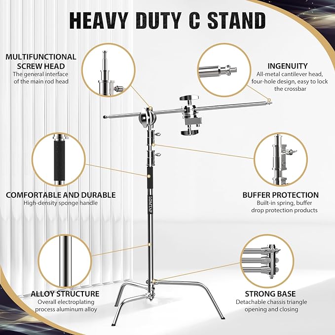 LOMTAP C Stand Light Stand Stainless Metal Photography Kit - Heavy Duty 10.8ft/330cm Vertical Pole, 4.2ft/128cm Boom Arm, Adjustable Base, Water Sandbag, 2 Grip Heads, 3 Clips for Softbox, Reflector