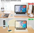 LED Desk Lamp for Home Office, USB Charging Port, Reading Lamp Desk Light with 5 Brightness, 3 Colors, Table Lamp with Clock, Alarm, Date, Temperature, Desk Lamp for College Dorm Room (White)