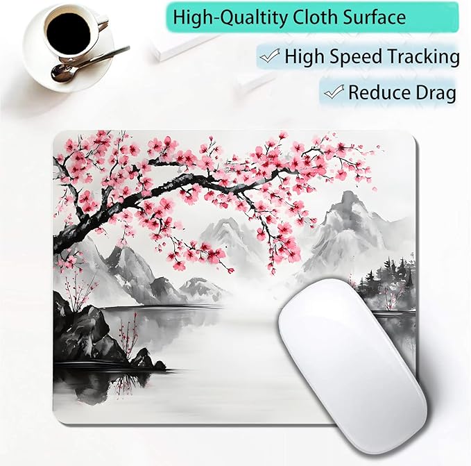 Watercolor Cherry Blossom Japanese Custom Mouse Pad with Non-Slip Rubber, Small Square Design for Wireless Laptop & Computer Mouse Pads for Desk, 9.5 x 7.9 inch Smooth Surface for Gaming & Office