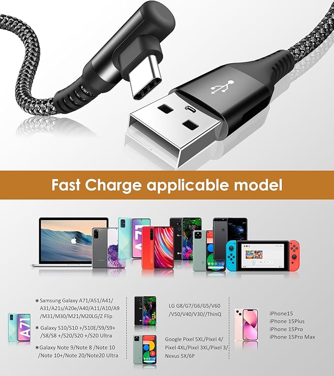 sweguard USB Type C Charger Cable Right Angle [2-Pack,3.3FT] iPhone 16 Charger Nylon Braided Cord for iPhone 15 16 Pro Max Samsung Galaxy S25 S24 S23 S22 S21 S20 S10 S9 Note A15 A55 Flip Pixel LG Moto