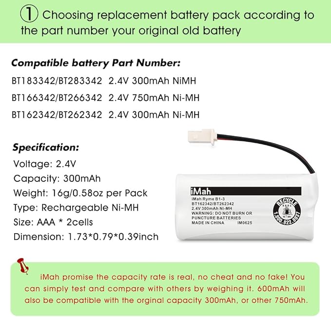 iMah Ryme B1-3 BT162342 BT262342 2.4V 300mAh Ni-MH Cordless Telephone Batteries Compatible with AT&T CL81101 EL5210 EL52400 VTech CS6409 CS6419 CS6429 CS80100 Handset, Pack of 4