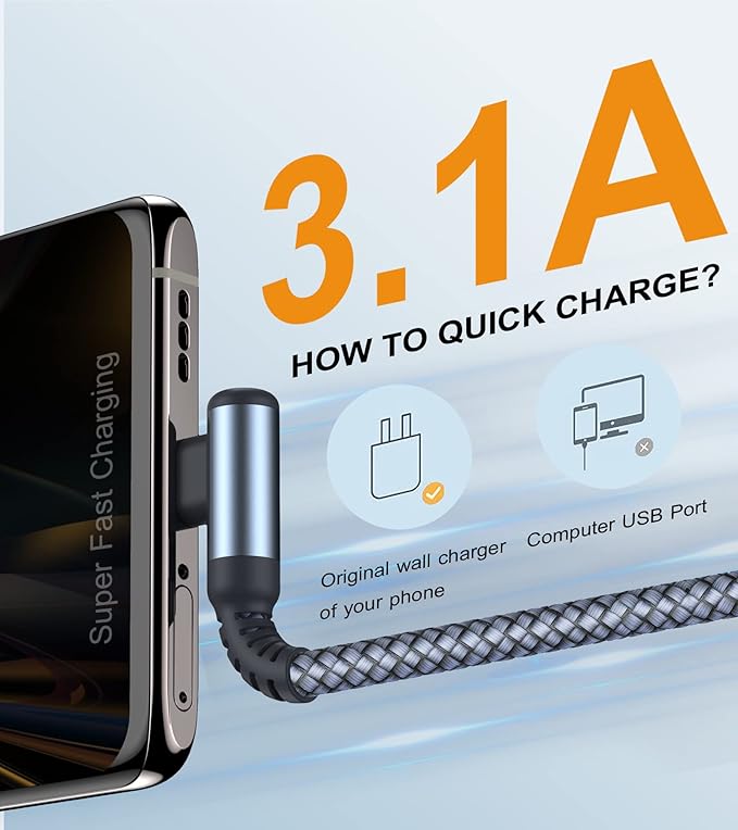 sweguard USB Type C Charger Cable Right Angle [3-Pack, 10FT+6.6FT+3.3FT] Nylon Braided Cord for iPhone 16 15 Pro Max Plus, Samsung Galaxy S25 S24 S23 S22 S21 S20 S10 Note Flip A54 A53, Pixel LG Moto