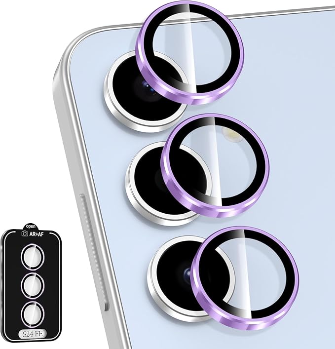for Samsung Galaxy S24 FE Camera Lens Protector, Individual Metal Ring Tempered Glass Lens Cover, [Strong Adsorption] Scratch Resistant Ultra-Thin HD Clear Lens Cover, 1 Set-Purple Ring