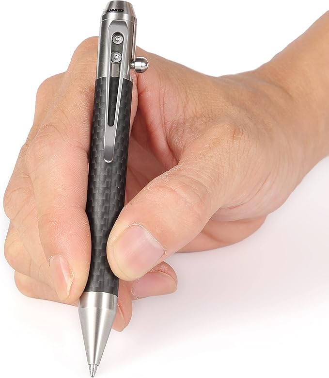 Cool Hand 4.9'' Carbon Fiber Bolt Action Pen with Retractable Stylus Tip for Any Touch Screen, Ballpoint Ink Refillable, Compact Size, Skelton Out Deep Pocket Clip (Carbon Fiber Silver)