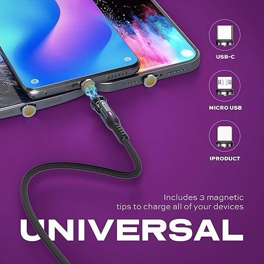 Statik 360 Pro Magnetic Charging Cable - Type C Charger Fast Charging 3 in 1 USB C to USB C Cable, Micro USB & iProduct Tips, USB A Adapter, Fits All Devices - 100W Fast Charger, Black 6FT/2M