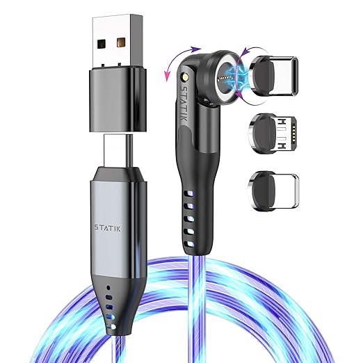 Statik 360 Pro Magnetic Charging Cable - Type C Charger Fast Charging 3 in 1 USB C to USB C Cable, Micro USB & iProduct Tips, USB A Adapter, Fits All Devices - 100W Fast Charger, GloBright 3FT/1M