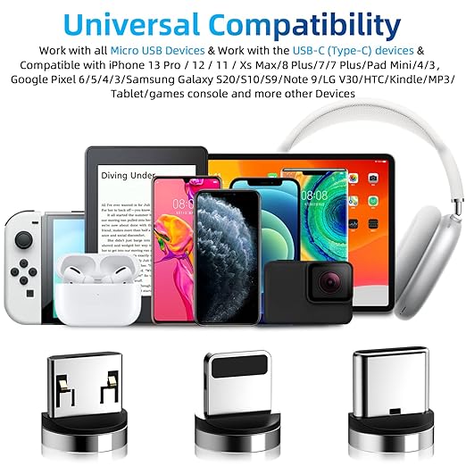 540° Rotation Magnetic Charging Cable 3 in 1 Magnetic Phone Charger [4-Pack, 3ft/3ft/6ft/10ft] 3A Fast Charging Cable & Data Transfer USB Magnet Charger Cable for i-P/Micro USB/Type C Device-Purple