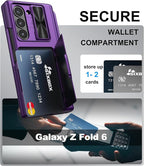 for Samsung Galaxy Z Fold 6 Case with S Pen Holder & Card Holder & Screen Protector, Built-in Hinge Protection & Sliding Camera Lens Cover, Durable Wallet Phone Case for Z Fold 6, Dark Purple