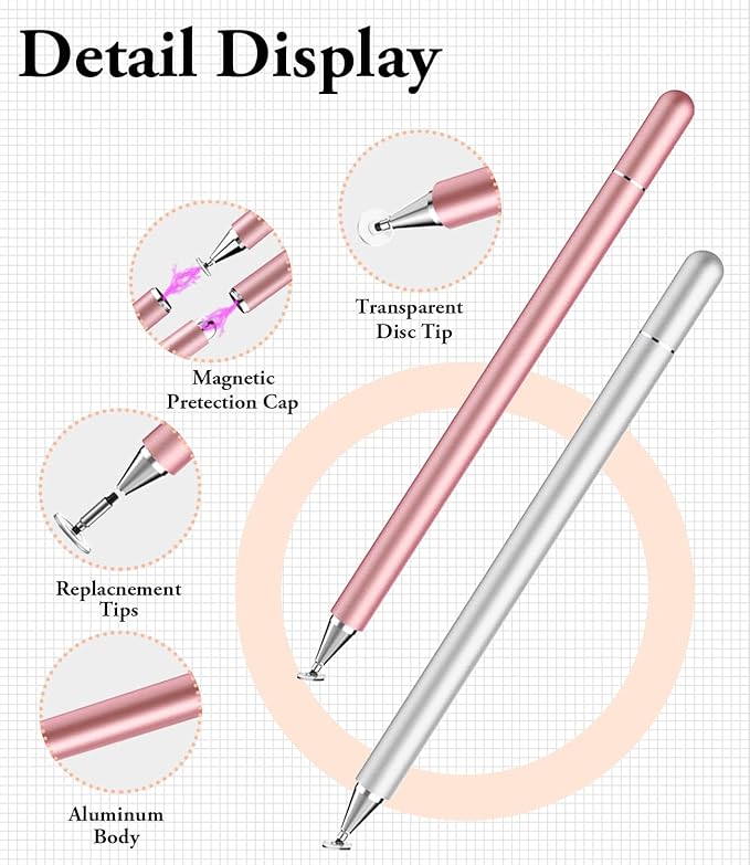 Stylus Pen for iPad, LUNTAK Stylus Pens for Apple/iPhone/Ipad pro/Mini/Air/Android/Microsoft/Surface All Capacitive Touch Screens Universal with 4 Replacement Tips (2 Pcs, Pink and Silver)