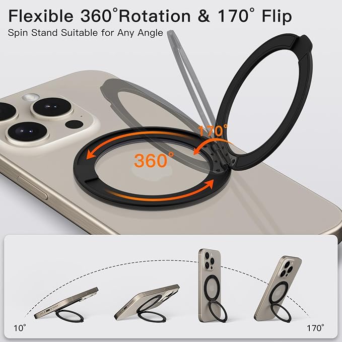 COOLQO 2Pcs 360 Spin Cell Grip Ring Phone Stand [Upgrade Gear Hinge Stress Anxiety Relief] Magnetic Holders for Your car Accessories Desk Mount Compatible with iPhone All Smartphones, Black