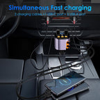 Retractable Car Charger,5 in 1 Fast Car Phone Charger 90W,Bluetooth 5.3 FM Transmitter Adapter,Handsfree Call,2 Retractable Cables and USB Cars Chargers for iPhone 15/14/13 (Purplr)