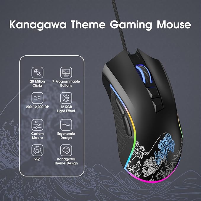 HITIME XVX Wired Gaming Mouse, 12000 DPI RGB Mouse with 12 Backlit Modes & 7 Macro Buttons, Gaming Mice Support DIY Keybinding, Gamer Computer Mice for Laptop PC Mac Windows, Wave