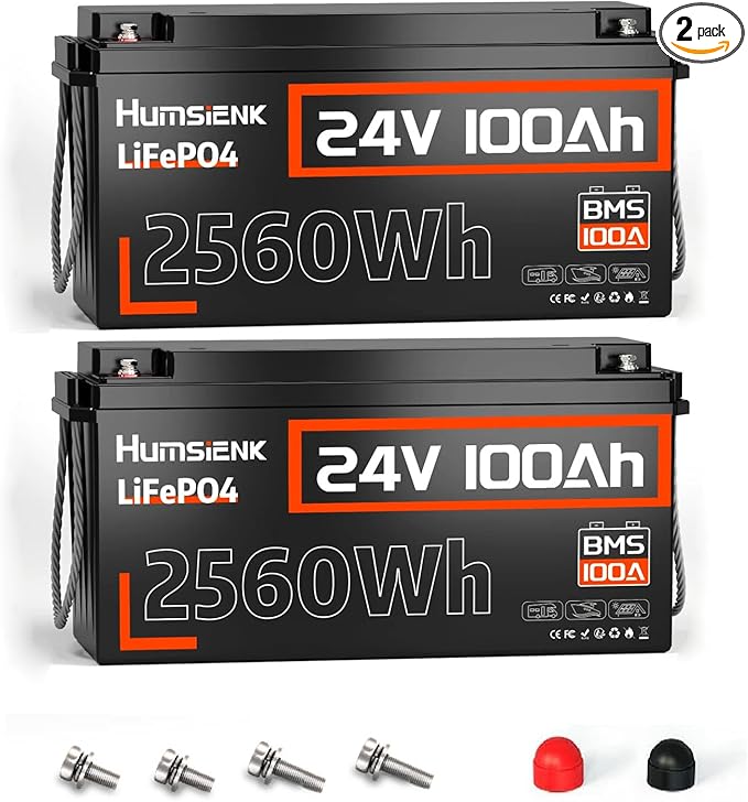 24V Lithium Battery 100Ah LiFePO4 Batterys 2 PCS, Built-in 100A BMS with Low-Temp, 15000+ Deep Cycles, 2560Wh Lithium Iron Phosphate Battery, for RV Solar Energy Off Grid Trolling Motor