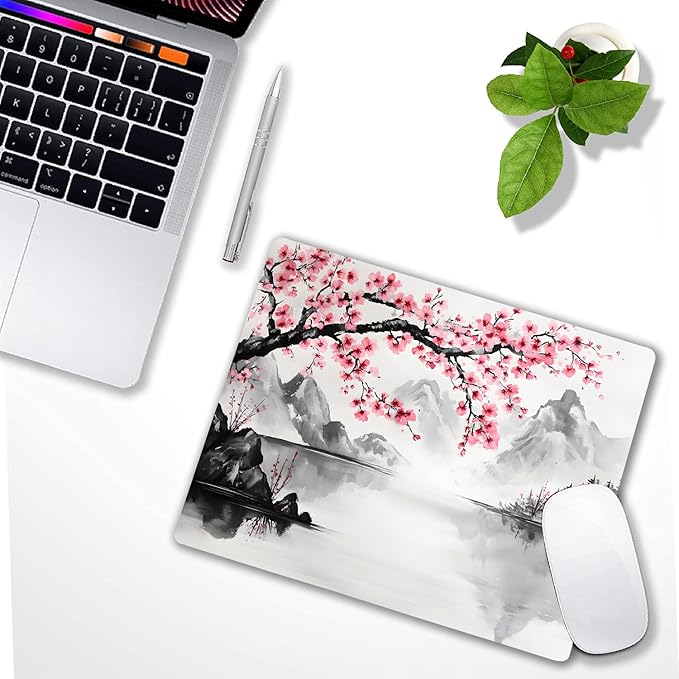 Watercolor Cherry Blossom Japanese Custom Mouse Pad with Non-Slip Rubber, Small Square Design for Wireless Laptop & Computer Mouse Pads for Desk, 9.5 x 7.9 inch Smooth Surface for Gaming & Office
