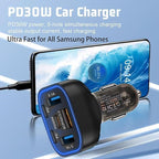 6 in 1 Multi Port USB C Car Charger Adapter PD 30W 6 Ports Super Fast Charging Cigarette Lighter Adapter 2 USB-C for MacBook iPhone 16/15/14/13/12 Galaxy Android Phones