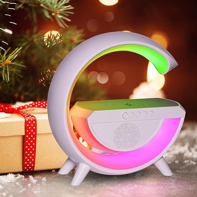 Table Lamp with Bluetooth Speaker, G Bedside Lamp with 15W Wireless Charger, Atmosphere Desk Lamp with Alarm Clock, RGB Bedside Nightstand Lamp, Hi-Fi Sound, Time Display