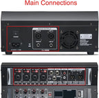 Audio Mixer 4 Channel, DJ Mixer with Power Amplifier, Audio Sound Card with 48V Phantom Power, Usb Audio Interface, Sounds Mixer Board with 99 DSP FX Reverb Delay Effect for Streaming
