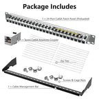 Jadaol 24 Port Shielded Patch Panel Rack or Wall Mount 19-Inch, 1U Cat6A Network Panel Preloaded with 24 Keystone Couplers Plus 1 Spare, 10Gbps Ethernet Panel with Cable Management & Back Support Bar