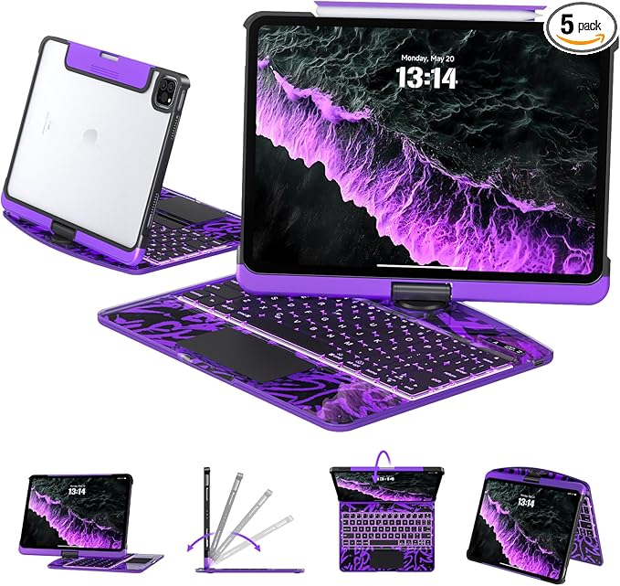 Transparent Case with Keyboard for 2024 iPad Pro 11-inch (M4),with 7-Color Backlit Wireless Keyboard, 360°Rotatable Protective Case Multi-Touch Trackpad,with Pencil Holder,with Shortcuts,Purple