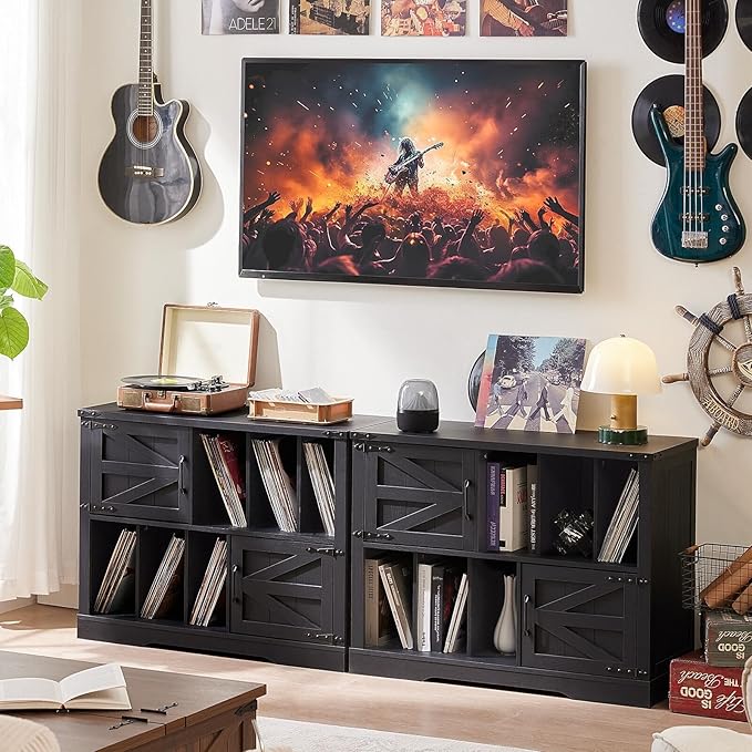 Large Record Player Stand with Vinyl Storage Up to 450 Albums, 39 Inch Farmhouse Wood Black Vinyl Records Storage Cabinet with Barn Doors, Mid-Century Modern Turntable Stand for Living Room