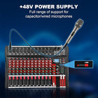 12 Channel Audio Mixer, Professional Music Mixer Board DJ Mixing Console with Bluetooth, USB/MP3 Player, Reverb, and 48V Phantom Power for Studio Recording, Karaoke, and Live Performances