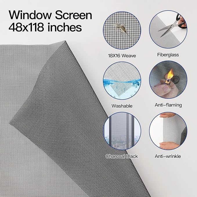 Window Screen Door Repair Kit Include Window Screens Mesh 48"x114" with All Tools in Window Screen Replacement(Screen Rollers, Splines, Hook), Yolovit