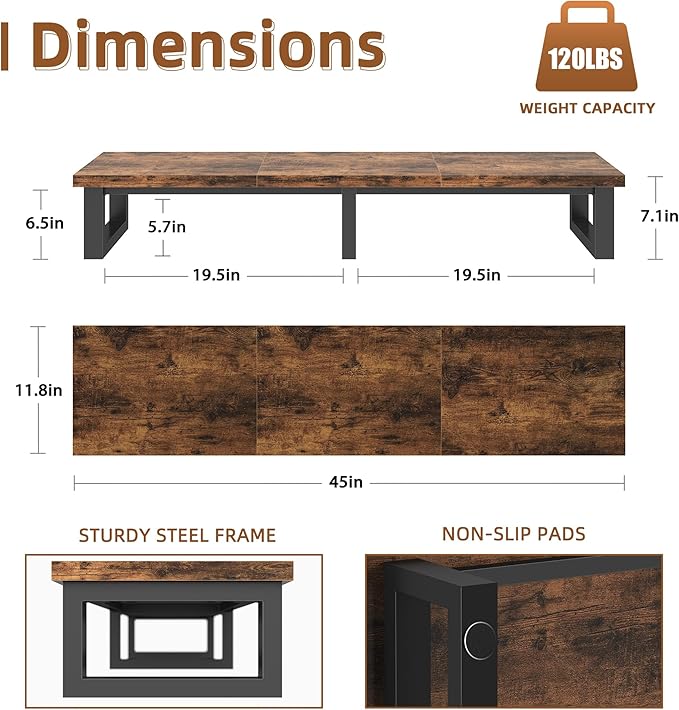 YAOHUOO 45" Large TV Riser for 32-60 inch TV, TV Riser Stand Shelf with Steel Legs,Tabletop TV Stand Riser for Home Office,Rustic Brown