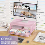 Desk Organizers and Accessories, 2-Tier Computer Monitor Stand Riser with Drawer, Laptop Stand, Office Desk Accessories, Workspace Desktop Organizer for Office Supplies, Pink