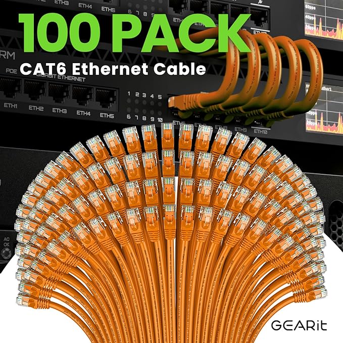 GEARit Cat 6 Ethernet Cable (100-Pack 1 Foot) Cat6 Network Patch, 10Gbps, RJ45, Snagless Cord, Gold-Plated Connectors, Internet for PC, TV, Tablet, Router, Printer, Servers, IT Data Center - Orange