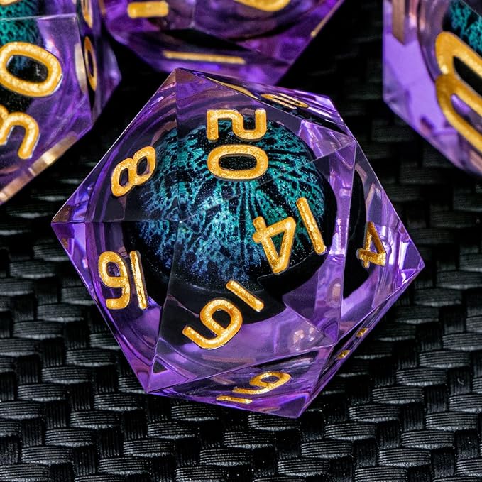 ARUOHHA Dragon Eye DND Dice, Purple Green Resin Sharp Edged Dice Set RPG Role Playing Game, Liquid Core Polyhedral D and D Dice Set D20 D12 D10 D8 D6 D4