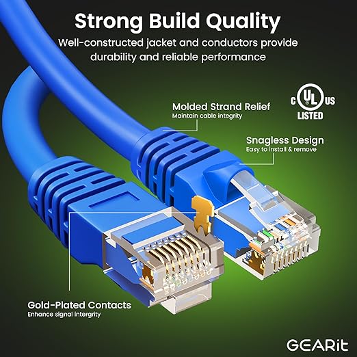 GEARit Cat 6 Ethernet Cable Pack - 100-Pack 3 ft Cat6 Ethernet Patch Cables | RJ45 Network Patch Cable, 10 Gbps Snagless Gold-Plated Connectors - Ethernet Cable Cat 6 for PC, TV, Router - Blue