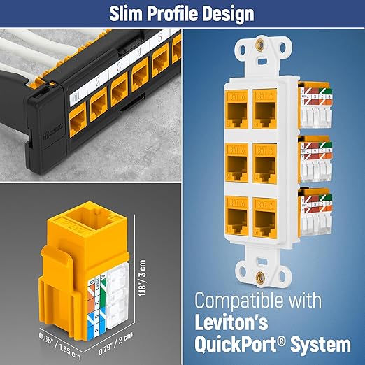 Everest 90° Angled RJ45 Cat6A Keystone Jacks 20-Pack in Yellow - Slim Profile Female RJ45 Connectors - Cat 6A Keystone Jack - Compatible with 90° Angled Speed Termination Tool - easyJACK (B094WB91H3)