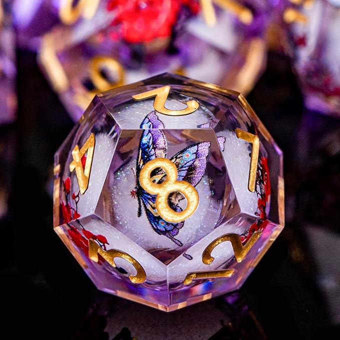 Butterfly DND Dice Purple Liquid Core Dice Set with Metal Box, Handmade Sharp Edge D and D Polyhedral Dice for use with D&D Role Playing Game, D20 D12 D10 D8 D6