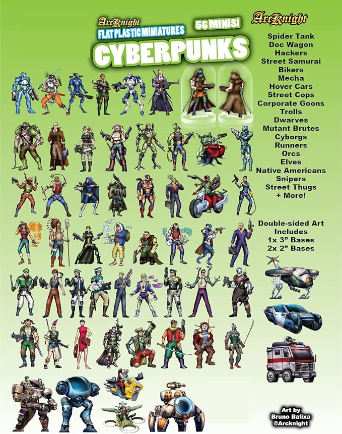 Arcknight Flat Plastic Miniatures: Cyberpunks; 56 Unique Sci-Fi-Themed Minis for Starfinder; Affordable, Skinny Figurines for SF, Shadowrun, and Other Tabletop RPG Games
