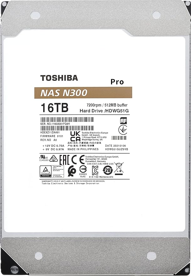 Toshiba N300 PRO 16TB Large-Sized Business NAS (up to 24 bays) 3.5-Inch Internal Hard Drive - Up to 300 TB/year Workload Rate CMR SATA 6 GB/s 7200 RPM 512 MB Cache - HDWG51GXZSTB