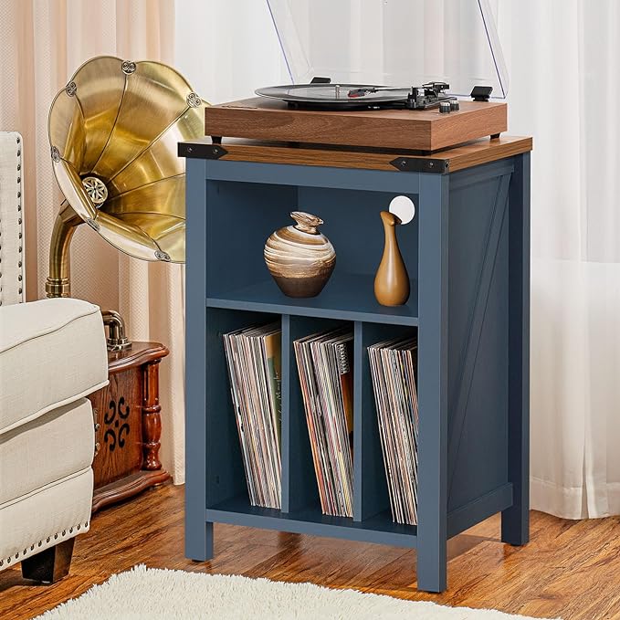 Record Player Stand with Vinyl Record Storage,Navy Blue Record Player Table Holds up to 160 Albums,Large Wood Turntable Stand Cabinet Dispaly Shelf for Living Room,Bedroom,Office