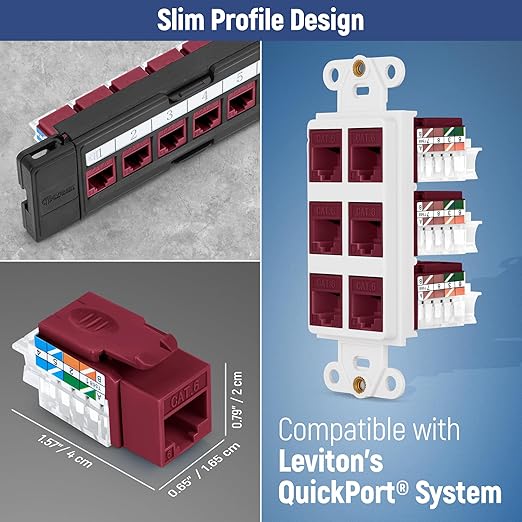 Everest 45° Angled RJ45 Cat6 Keystone Jacks 20-Pack in Red - Slim Profile Female RJ45 Connectors - Cat 6 Keystone Jack - Compatible with 45° Angled Speed Termination Tool - 45Term (B0BL3GS7ZY)
