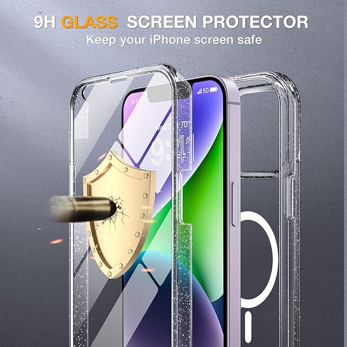 Miracase Magnetic for iPhone 14 Case 6.1", [Built-in Tempered Glass Screen Protector + Lens Protector] [Compatible with MagSafe] Full-Body Protective Bumper 14 Phone Cover, Clear Glitter