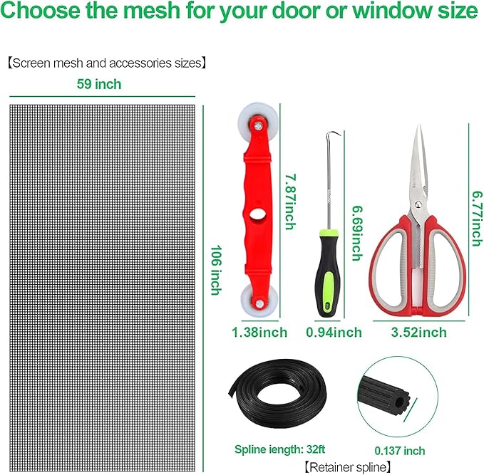 QWR Pet Proof Window Screens and Screen Door Replacement Kit, 59"x106" Durable High Hardness Vinyl Coated Polyester-Like Screen Repair Kit for Sliding Screen Door,Patio and Windows.(Folded Package)