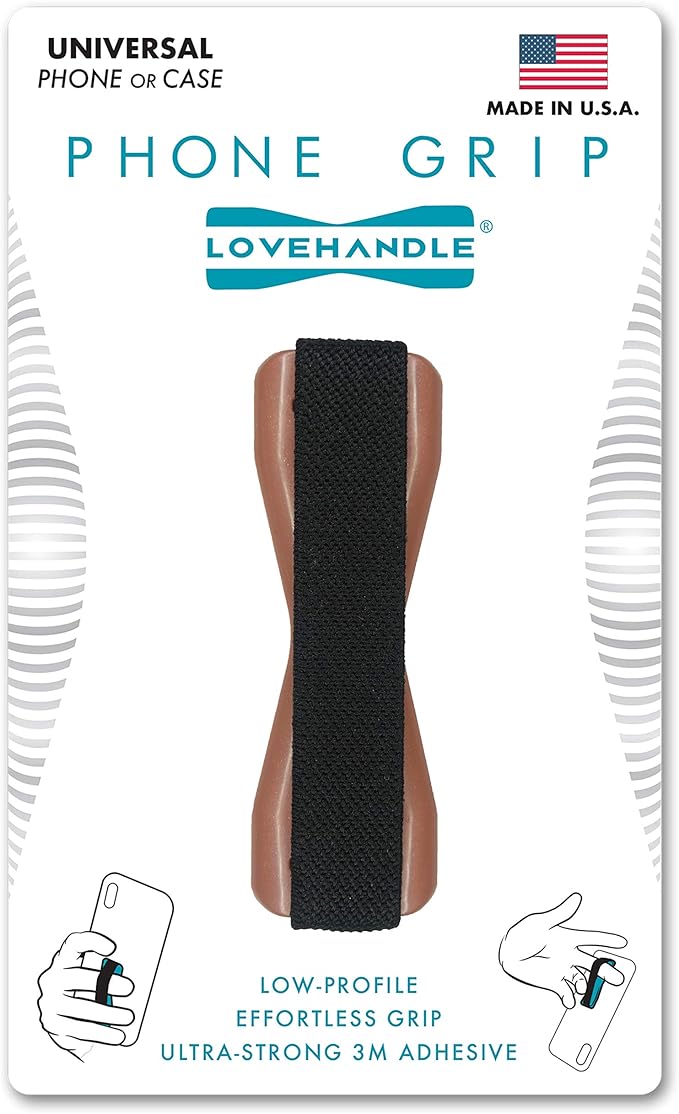 LOVEHANDLE Universal Phone Grip for Smartphones & Mini Tablets - Phone Holder for Hand - Wireless Charging Compatible - Made in The USA - Black Elastic Strap with Mauve Rose Base