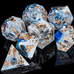 ARUOHHA Blue DND Resin Dice Set 7PCS Translucent Handmade RPG Polyhedral Sharp Edge Dice Set with Gift Box, Glitter Inclusions D and D Dice D20 D12 D10 D8 D6 D4