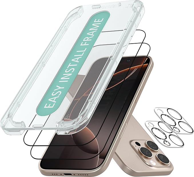 Smartish® iPhone 16 Pro Screen Protector + Camera Lens Covers - Tuff Sheet - 2-Pack Tempered Glass 9H Easy Install Frame Case-Friendly - Dynamic Island for Apple iPhone 16 Pro - Clear 2-Pack