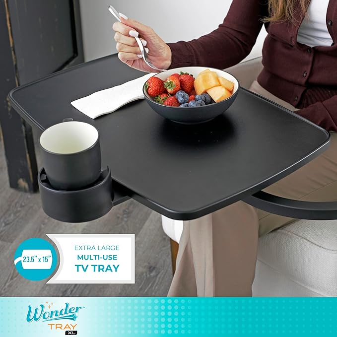 Stander Wonder Tray, Adjustable Swivel Table, Extra-Large Computer Stand, Couch Desk & Gaming Bench, TV-Trays for Eating on Couches, Chairs, Recliners with Laptop Wedges and Cup Holder, XL, Black