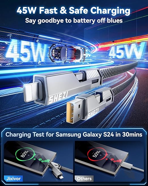 [One is Enough] 4-in-1 Compatible with USB C to Lightning Cable, 45W High-Speed Charging & Fast Data Transfer,CarPlay & Android Auto Support Multi Charger Cord Combo for iPhone/Samsung/iPad,10FT