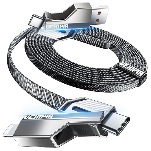 [Upgraded] Vexipia 4-in-1 Long USB C Cable 60W 10FT Lightning Cable Fast Charging Flat Nylon Braided for iPhone iPad Charger Cord[480Mbps Data Sync] Multi Charge Combo with Lightning/Type C/USB A Port